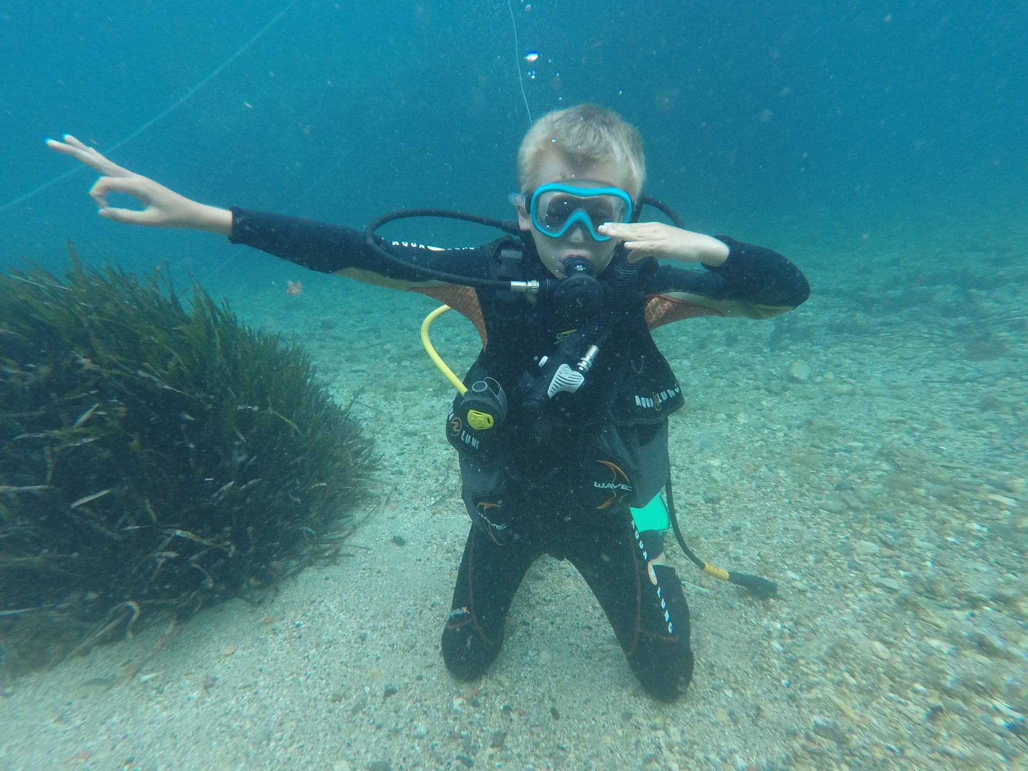 A young diver underwater over seagrass, arms out, in clear shallow water